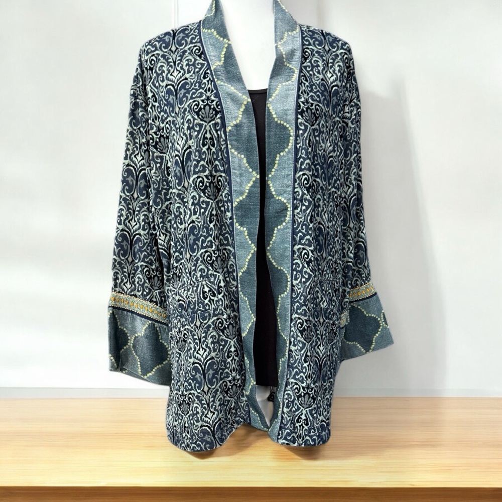 SOFT SURROUNDINGS Velvet  Open Front Jacket BOHO Size L Blues/Grey/Greens